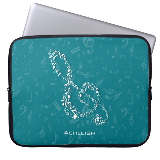 Teal and White Treble Clef Music Notes Laptop Sleeve (Front)