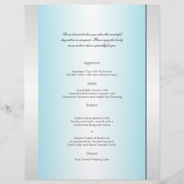 Teal and White Zebra Diamond Wedding Menu (Front)