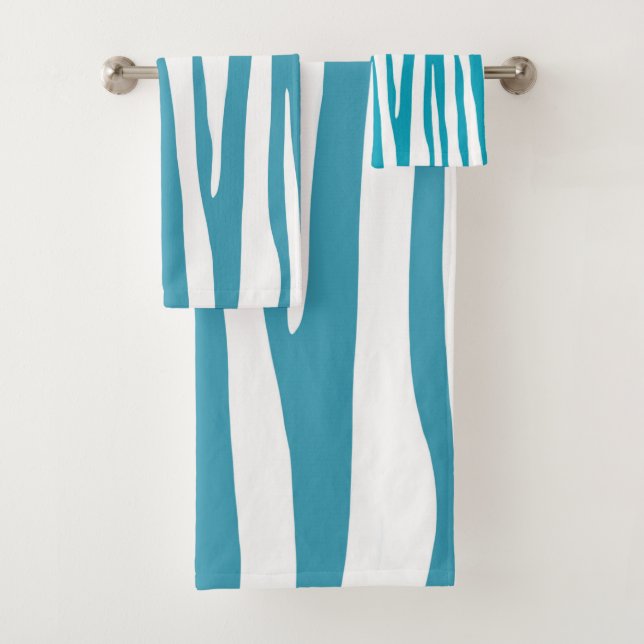Teal and white zebra pattern ceramic bath towel set (Insitu)