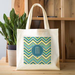 Teal and Yellow Colourful Chevron Pattern Monogram Tote Bag