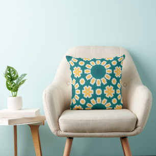 Teal and Yellow Floral Geometric  Cushion
