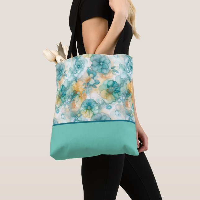 Teal and Yellow Flowers Alcohol Ink Colour Block Tote Bag (Close Up)