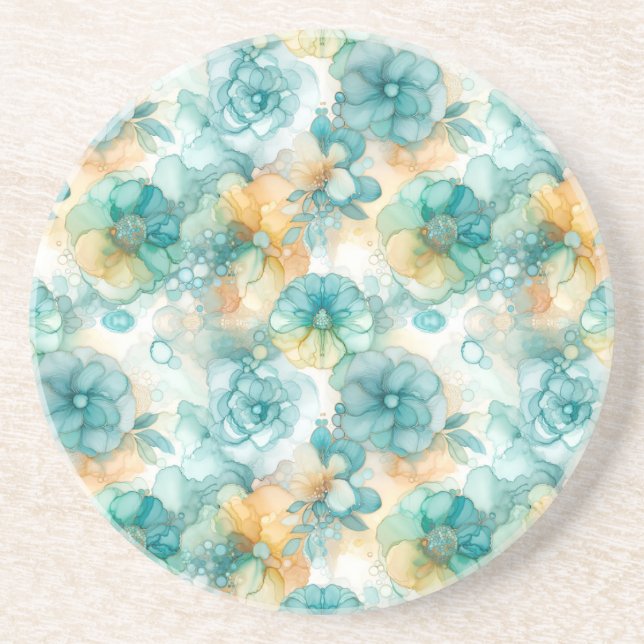 Teal and Yellow Flowers Alcohol Ink Illustration  Coaster (Front)