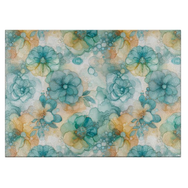 Teal and Yellow Flowers Alcohol Ink Illustration Cutting Board (Front)