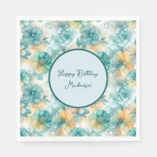 Teal and Yellow Flowers Alcohol Ink Illustration Napkin