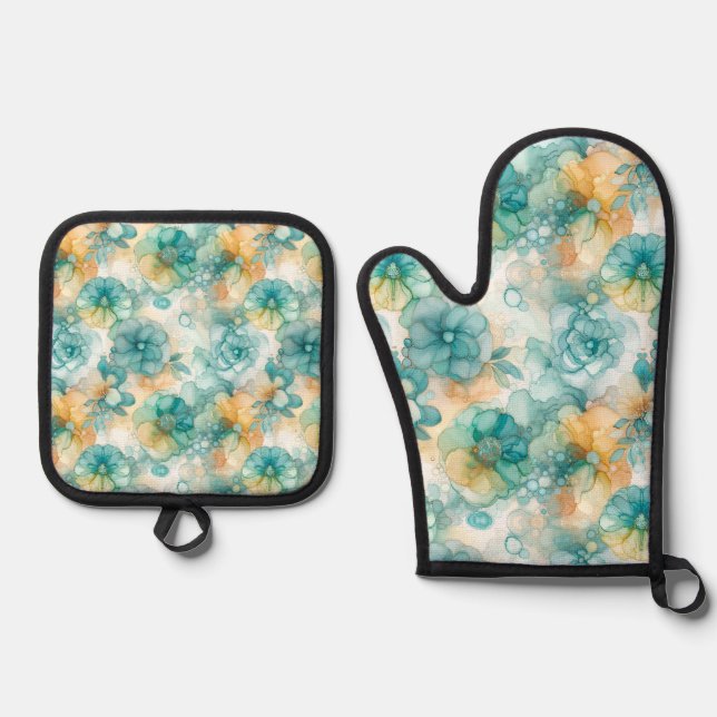 Teal and Yellow Flowers Alcohol Ink Illustration  Oven Mitt & Pot Holder Set (Front)