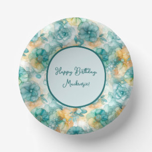Teal and Yellow Flowers Alcohol Ink Illustration Paper Plate