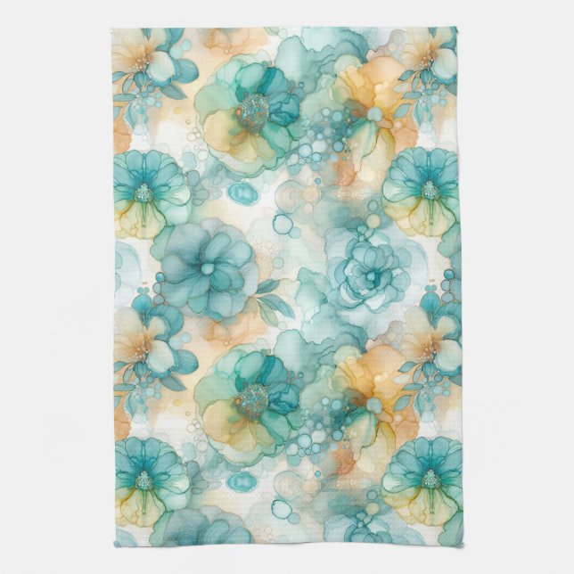 Teal and Yellow Flowers Alcohol Ink Illustration  Tea Towel (Vertical)