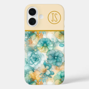 Teal and Yellow Flowers Alcohol Ink Monogrammed iPhone 16 Case