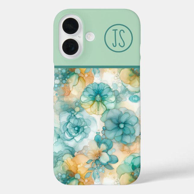 Teal and Yellow Flowers Alcohol Ink Monogrammed Case-Mate iPhone Case (Back)