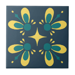 Teal and yellow on Blue Intricate Floral pattern C Tile
