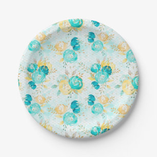 Teal and Yellow Rose Paper Plate