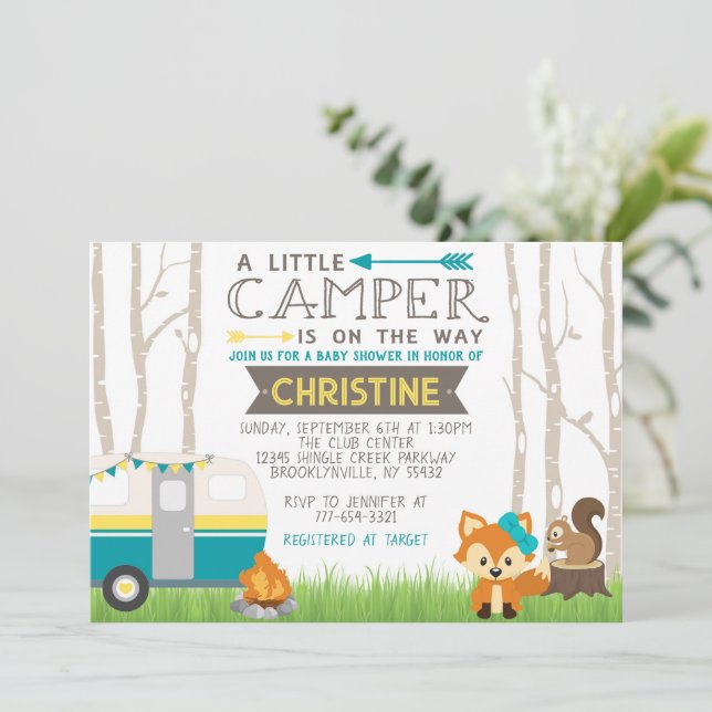 Teal and Yellow RV Camper Woodland Baby Shower Invitation (Standing Front)
