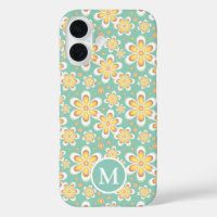 Teal and Yellow Spring Flower Pattern Monogram