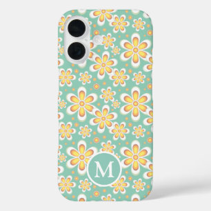 Teal and Yellow Spring Flower Pattern Monogram iPhone 16 Case