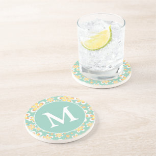 Teal and Yellow Spring Flower Pattern Monogram Coaster
