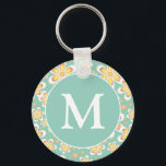 Teal and Yellow Spring Flower Pattern Monogram Key Ring<br><div class="desc">Pretty pastel teal and yellow spring flower pattern.</div>