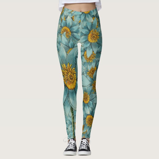 Teal and Yellow sunflower Leggings (Front)