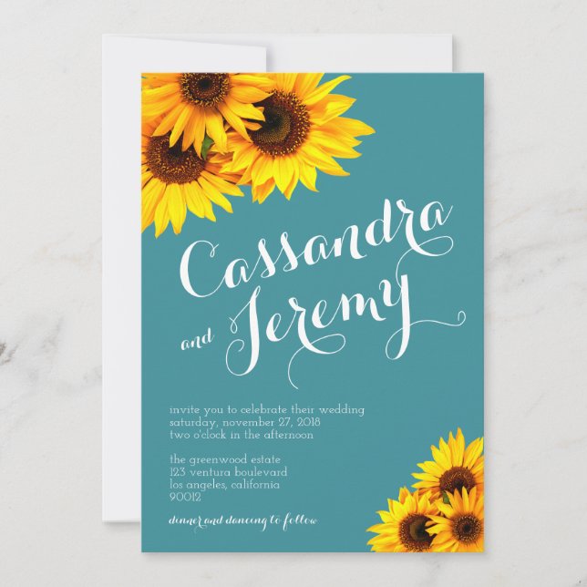 Teal and Yellow Sunflowers Wedding Invitation (Front)