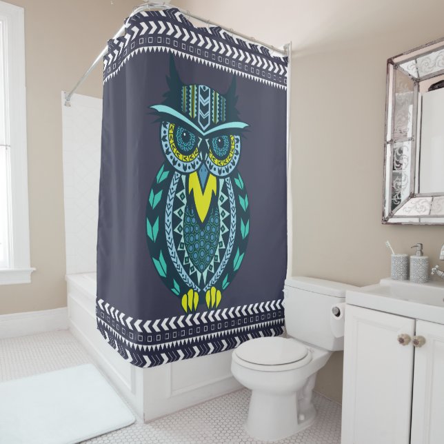 Teal and Yellow Tribal Patterned Owl Shower Curtain (In Situ)