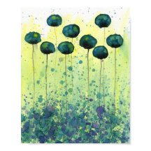 Teal and Yellow Watercolor Flowers, Modern Wall