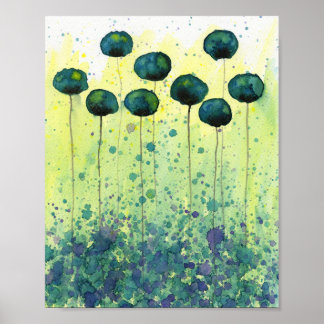 Teal and Yellow Watercolor Flowers, Modern Wall Poster