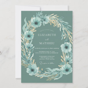 Teal Anemone Leafy Wedding Invitation