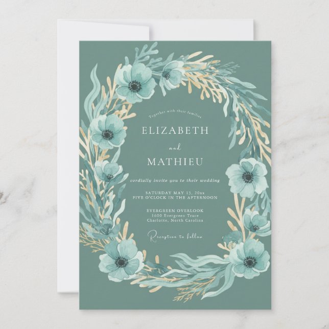 Teal Anemone Leafy Wedding Invitation (Front)