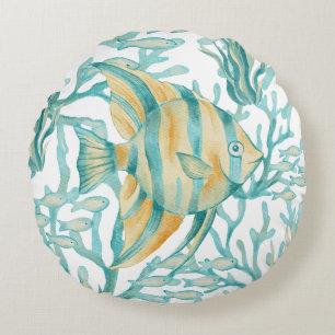 Teal Angelfish Watercolor Fish Round Cushion