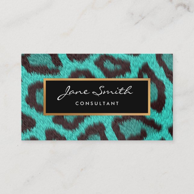 Teal Animal Skin, Leopard, faux Gold Foil Business Card (Front)