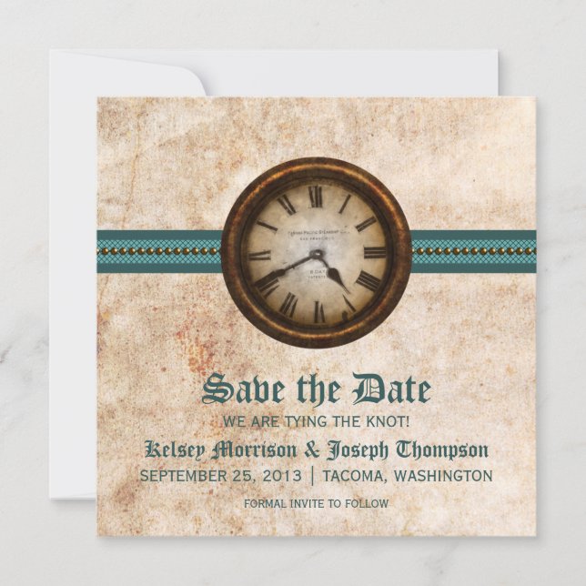 Teal Antique Clock Save the Date Announcement (Front)