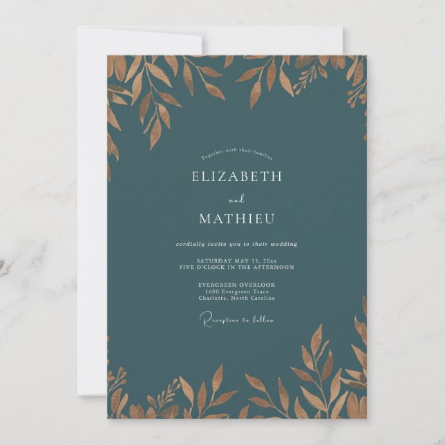 Teal Antique Gold Leaf Wedding Invitation (Front)