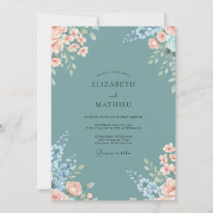 Teal Apricot Bloom Wedding Invitation