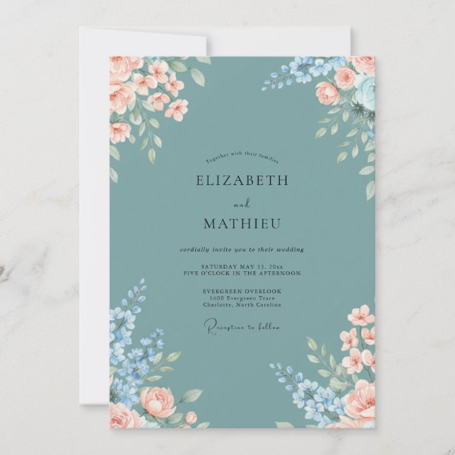 Teal Apricot Bloom Wedding Invitation (Front)