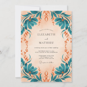 Teal Apricot Foliage Eucalyptus Wedding Invitation