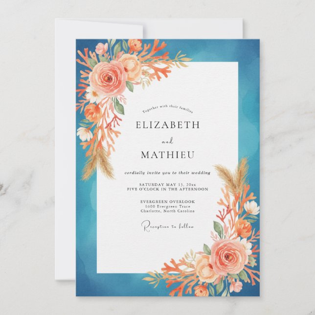 Teal Apricot Painted Wedding Invitation (Front)