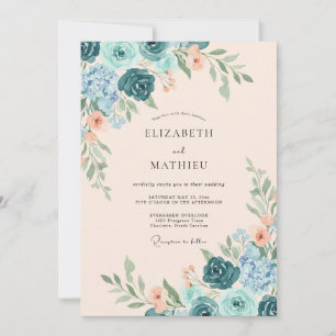 Teal Apricot Ranunculus Eucalyptus Wedding Invitation