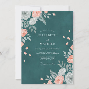 Teal Apricot Ranunculus Muted Eucalyptus Wedding Invitation