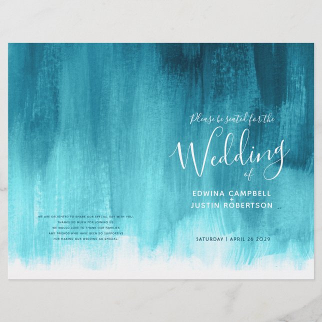 Teal aqua abstract art wedding program (Front)