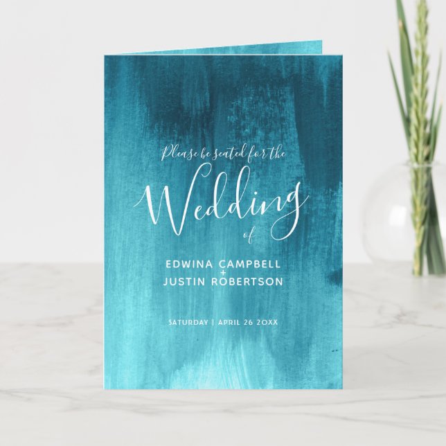 Teal aqua abstract art wedding programs programme (Front)
