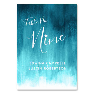 Teal aqua abstract modern art table number nine