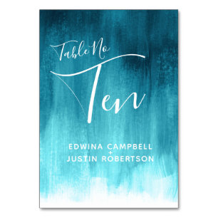 Teal aqua abstract modern art table number Ten