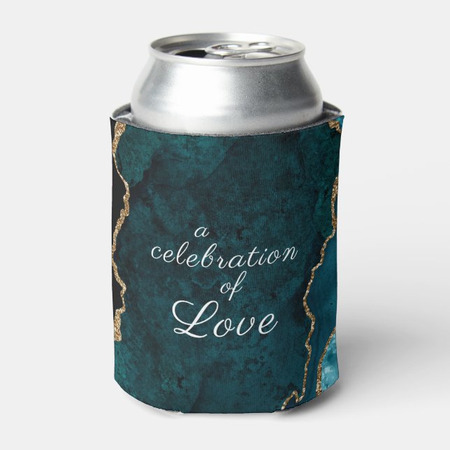 Teal Aqua Agate Celebration of Love Wedding Can Cooler (Can Front)