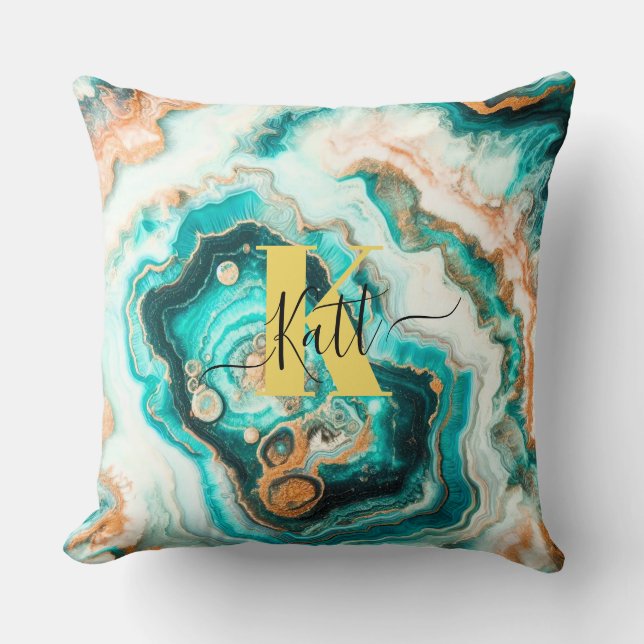 Teal Aqua Agate Golden Custom Modern Monogram Cushion (Front)