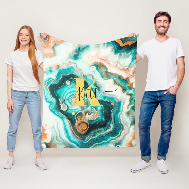 Teal Aqua Agate Golden Custom Modern Monogram Fleece Blanket (In Situ)