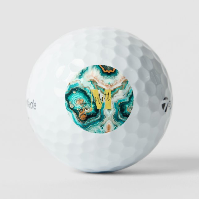 Teal Aqua Agate Golden Custom Modern Monogram Golf Balls (Front)