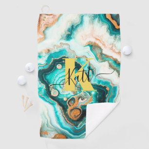 Teal Aqua Agate Golden Custom Modern Monogram Golf Towel