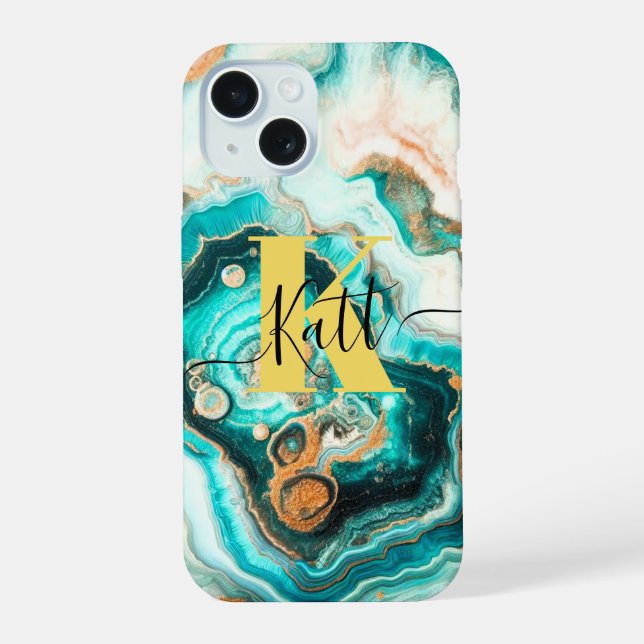 Teal Aqua Agate Golden Custom Modern Monogram iPhone 15 Case (Back)