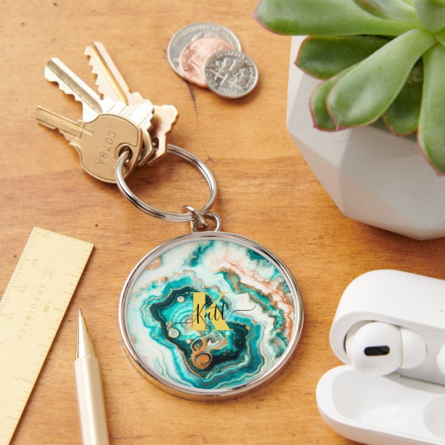 Teal Aqua Agate Golden Custom Modern Monogram Key Ring (Desk)