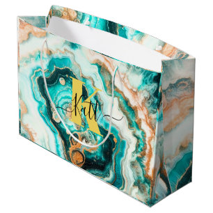 Teal Aqua Agate Golden Custom Modern Monogram Large Gift Bag
